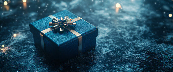blue gift box against an enchanting backdrop. Elegant holiday luxury present 