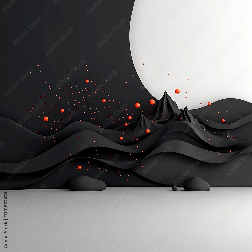 Poster mysterious black space with flickering red dots and elegant lines shaping an abstract mountain range