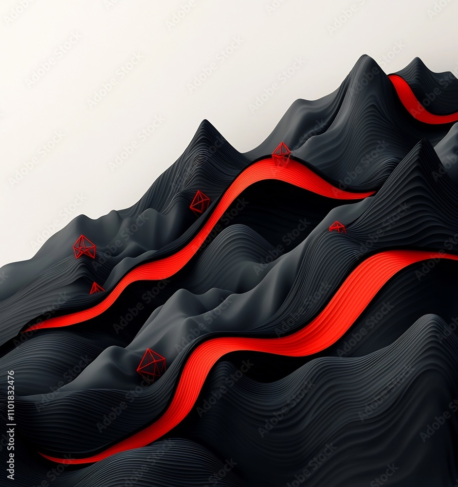 Poster dramatically dark and moody abstract mountain landscape with vibrant red geometric shapes and flowin