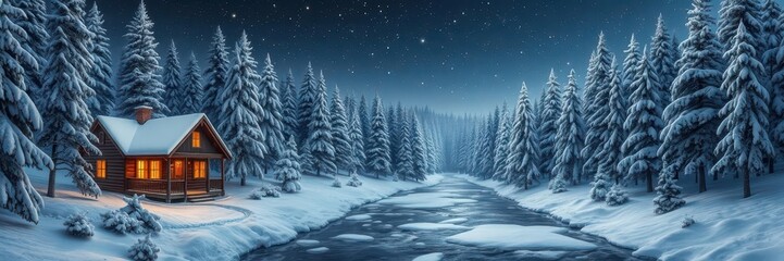 Naklejka premium Winter landscape with snow-covered pine trees, a cozy cabin, and a peaceful frozen river, tranquil, snowy