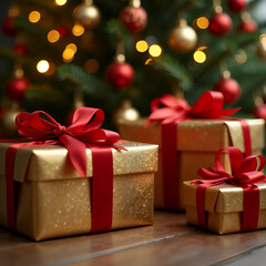 Obraz premium Beautiful flat lay of Christmas gifts wrapped in elegant paper and ribbons, with pine branches and cinnamon sticks. Surrounded by ornaments and cards, this high-res photo is perfect for holiday themes