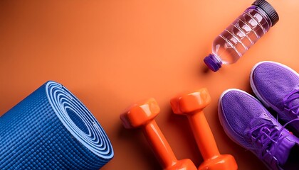  Fitness essentials such as purple sports shoes, orange dumbbells, and a water bottle ar_1(1053)