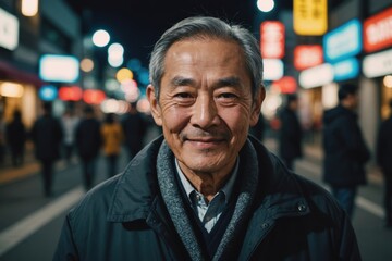 Obraz premium Close portrait of a smiling senior Japanese man looking at the camera, Japanese city outdoors at night blurred background