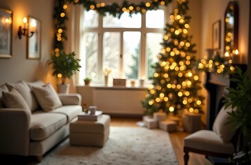 A Christmas tree decorated with gold ornaments and lights in a cozy room