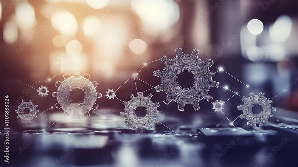 Poster abstract gear network, interconnected cogs illustrating system efficiency and synergy