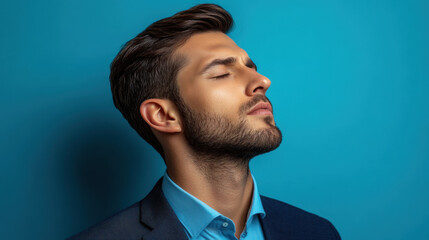 A stylish young man stands against a vibrant blue background, eyes closed, exuding confidence and calmness.