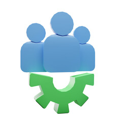 Team, technical support, few person and gear 3d icon render illustration Isolated on Transparent Png Background