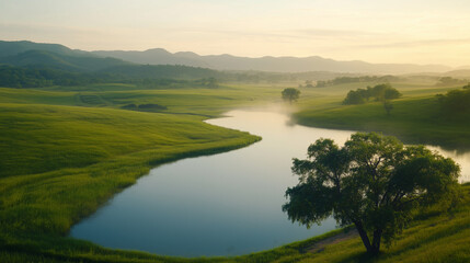 serene landscape featuring calm river winding through lush green fields, surrounded by distant mountains and misty atmosphere at sunrise.