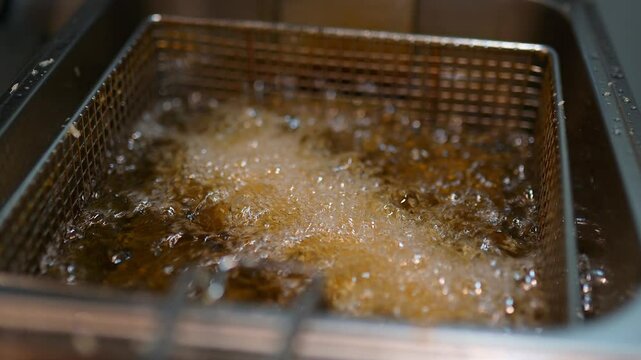 Deep fryer with boiling oil, golden texture and bubbles, cooking process in a metal basket