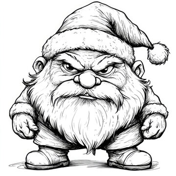 A detailed black and white drawing of a grumpy dwarf with a Santa hat, featuring a bushy beard and expressive facial features, ideal for Christmas cards or comics.