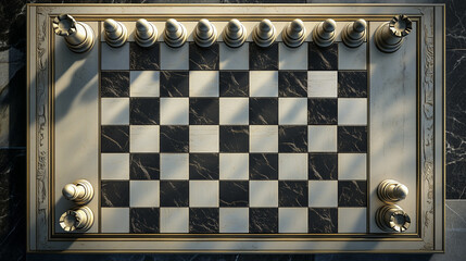 A chessboard set with white chess pieces aligned on one side, symbolizing strategic planning, decision-making, and competitive business tactics. Generative AI