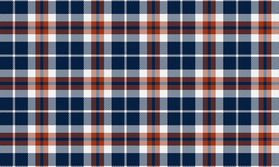 Plaid fabric pattern, blue, white, orange, seamless for textiles, and for designing clothes, skirts or decorative fabrics. Vector illustration.