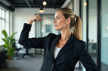 Businesswoman in a stylish black suit flexes her arm confidently in a bright office space with large windows