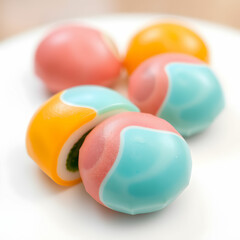 Japanese colorful mochi on white background