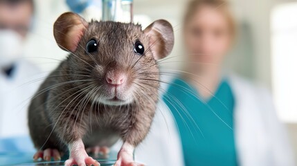 Lab Rat Laboratory Vaccine Concept, Lab Rat Observed by Team of Researchers Through Glass Window
