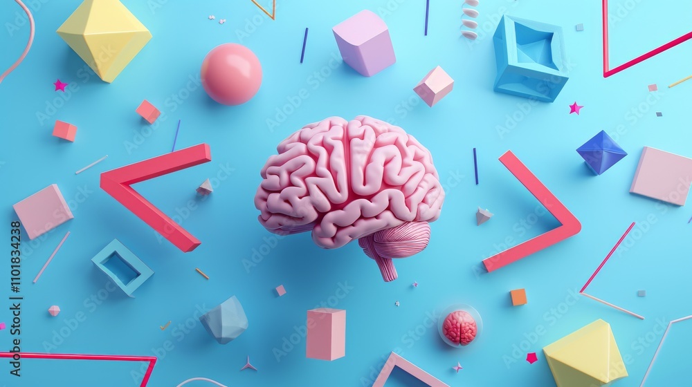 Poster a vibrant 3d rendering of a human brain suspended in the center of various colorful geometric object