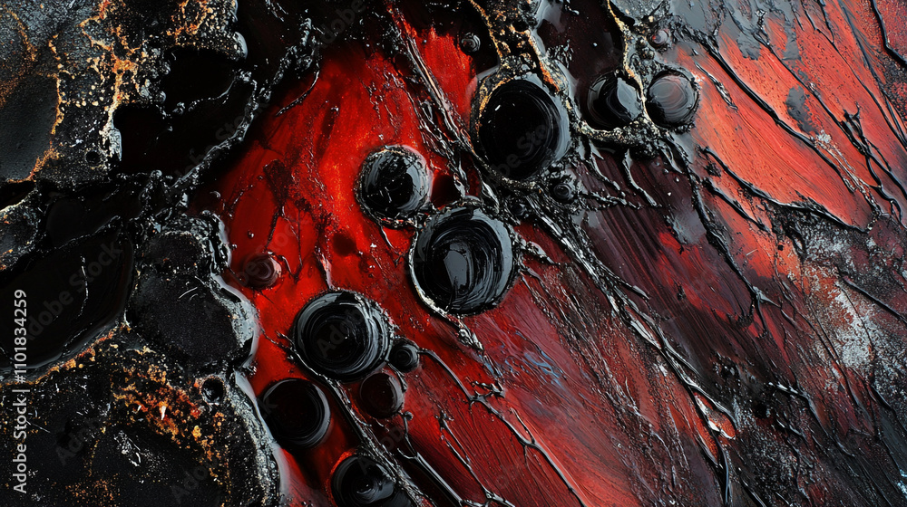Poster abstract art with bold red and black colors showcasing textured patterns and shapes
