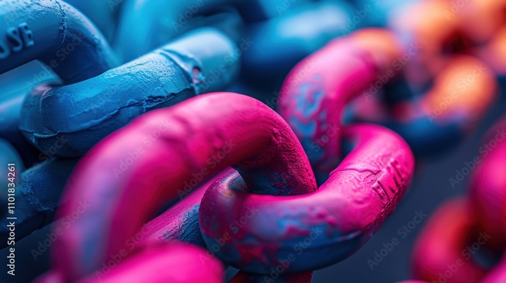 Poster a close-up of colorful, interlinked chains showcasing vibrant hues and textures.