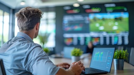 A person working on a laptop in a modern office with sports data displayed on a screen.