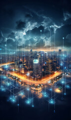 Cyber big data flow throughout the city. Blockchain data fields. Network line connect stream. Concept of AI technology, digital communication big city.