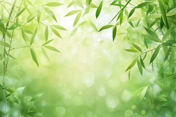Obraz premium Beautiful green bamboo background with a bokeh effect, close-up of bamboo leaves and trunks, a green nature concept, a spa or wellness design template