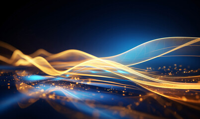Abstract blue and gold technology background with digital waves, artificial neural connections and electronic fast connection.
