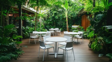 A spacious terrace garden with minimalist white tables and chairs, surrounded by lush greenery.
