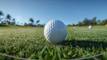 Obraz premium A close-up of a golf ball on grass, surrounded by a digital network design.