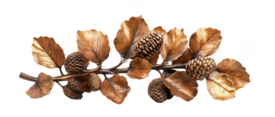 Artistic bronze branch with pine cones and leaves on a transparent background for creative projects and designs