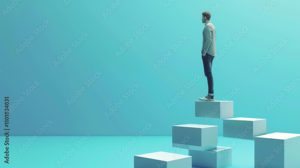 Poster a man gazes ahead while standing on staggered white cubes in a minimalist blue setting. the clean, s