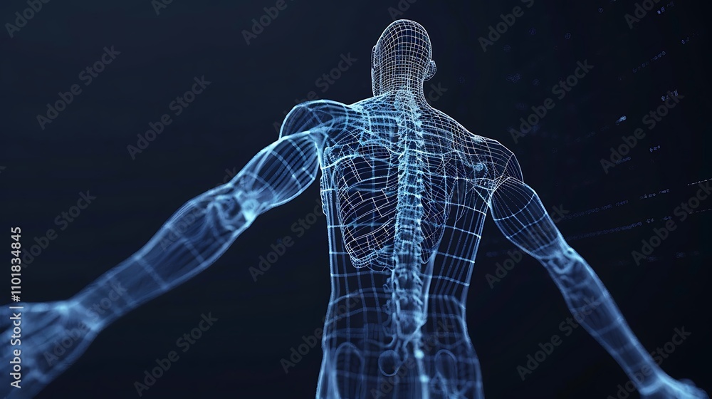 Poster a digital representation of a human body showcasing its skeletal structure in a wireframe format.