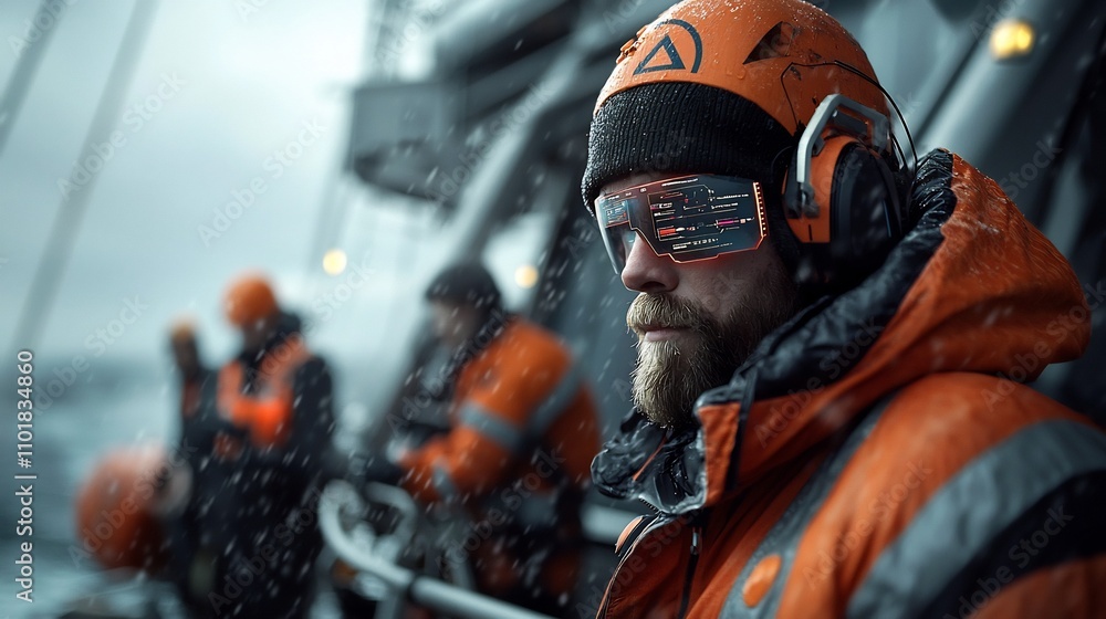 Aufkleber offshore drilling crew members intently monitoring a new well analyzing real time data on advanced d