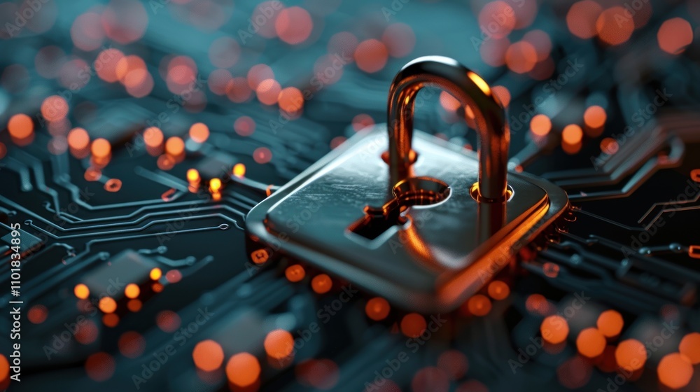 Poster a metallic padlock on a circuit board, symbolizing cybersecurity and data protection.