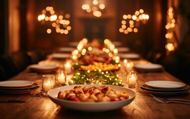 Obraz premium A beautifully set dining table with a festive arrangement, glowing candles, and a delicious spread, creating a warm and inviting atmosphere.
