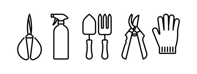 Gardening line icons - scissors, glove, tools, rake, shovel, hoe, pruner. Linear illustration on a horticulture concept. Editable thin stroke.