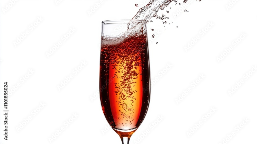 Poster close-up of deep red champagne splashing in a tall glass, creating dramatic motion, isolated on whit