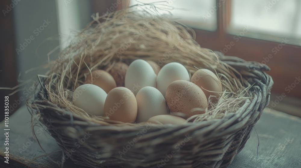 Poster a woven basket filled with various eggs resting on a rustic surface near a window.