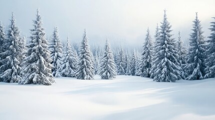 Obraz premium Beautiful winter landscape of a snow-covered forest in the mountains, presenting an ideal Christmas scene with snowy dendritic spruce trees and ample space for copy.