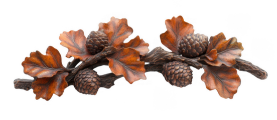 Artistic depiction of nature with detailed pine cones and vibrant leaves on a branch under a transparent backdrop