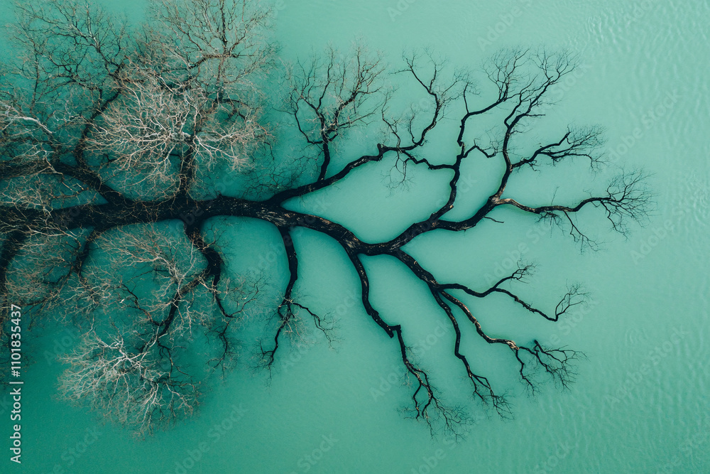 Poster an aerial view of intricate bare tree-like branches submerged in a vibrant green body of water resem