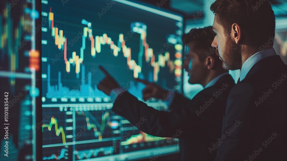 Poster two men analyzing financial data analysis on digital screens in modern office setting stock market t