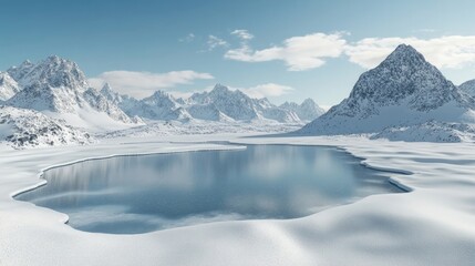 Obraz premium Vast young frozen lake in a pristine environment, encircled by glaciers and snow-draped mountains creates a breathtaking winter scene. Ideal for capturing natural beauty in extreme outdoor settings.