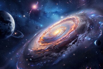 Colorful spiral galaxy with a blue center and orange swirling arms in deep space.
