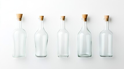 Collection of six empty glass bottles with glass corks arranged on a white background, highlighting the elegant design of glass bottles for various decorative uses, with ample copy space.
