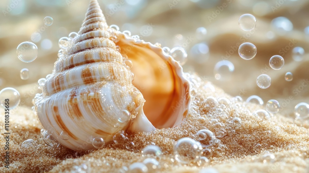 Poster close-up of a beautiful clear seashell surrounded by bubbles nestled in the sand, capturing the intr