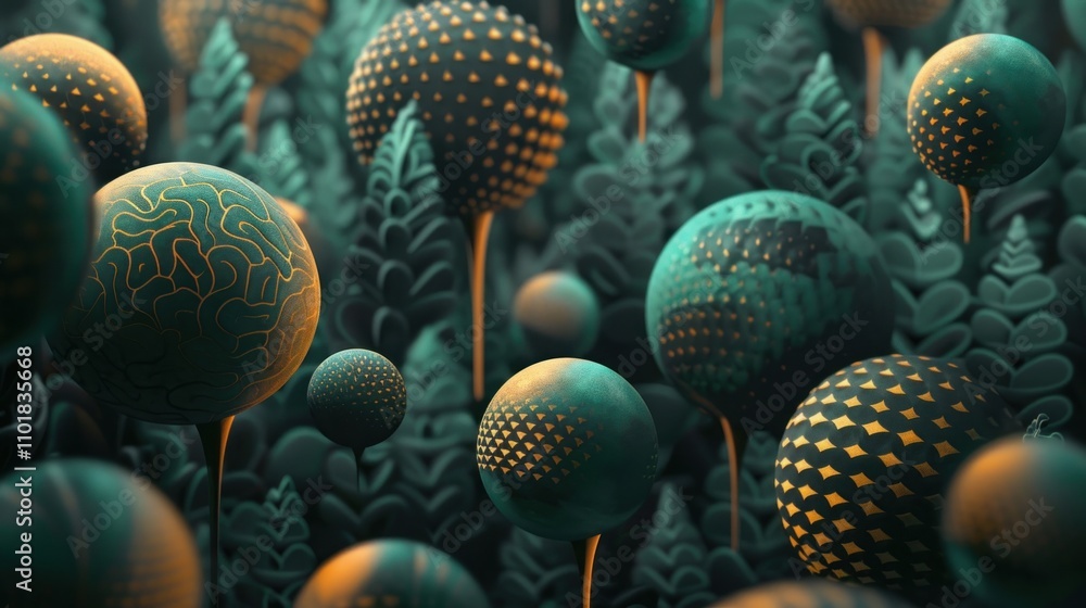 Poster a surreal landscape featuring floating spheres with intricate patterns amidst lush foliage.