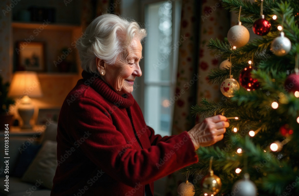 Wall mural An elderly woman decorates a Christmas tree for the new year. Christmas traditions