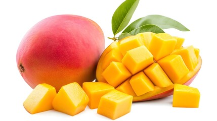 Ripe mango fruit with cut pieces and leaves.