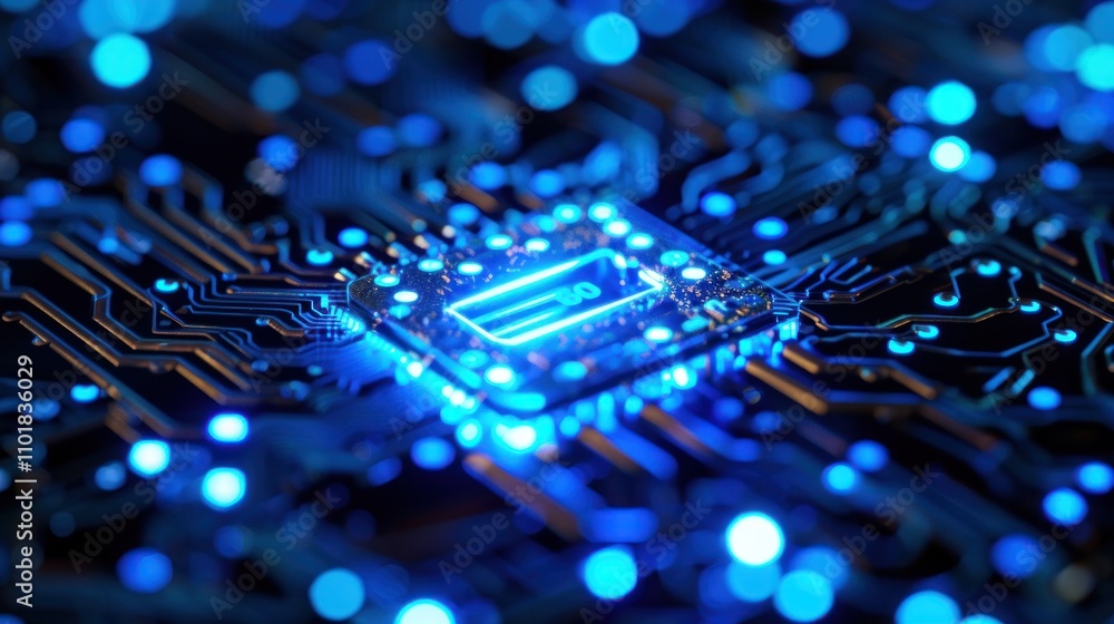 Poster a close-up of a glowing microchip on a circuit board, showcasing technology and innovation.