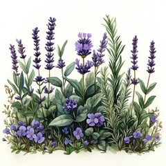 Obraz premium A vibrant illustration of various purple flowers and greenery in a natural setting.